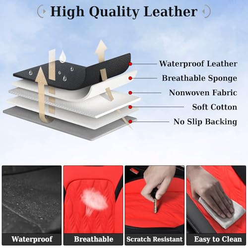 Image of Coverado Car Seat Cover Full Set, Luxury Leather Seat Covers for Front and Rear, Waterproof Seat Covers Auto Seat Cover 5 Seats, Car Seat Protectors Driver Seat Covers Universal for Most Vehicles, Red