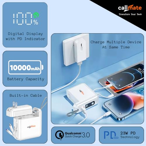 Image of CALLMATE Globetrotter 23W PD Fast Charging 10000mAh Power Bank with Built-in Charger (2.4A), USB-A QC 3.0 & USB-C PD Output Port with Built in Cable (Light-ning & Type C) (White)