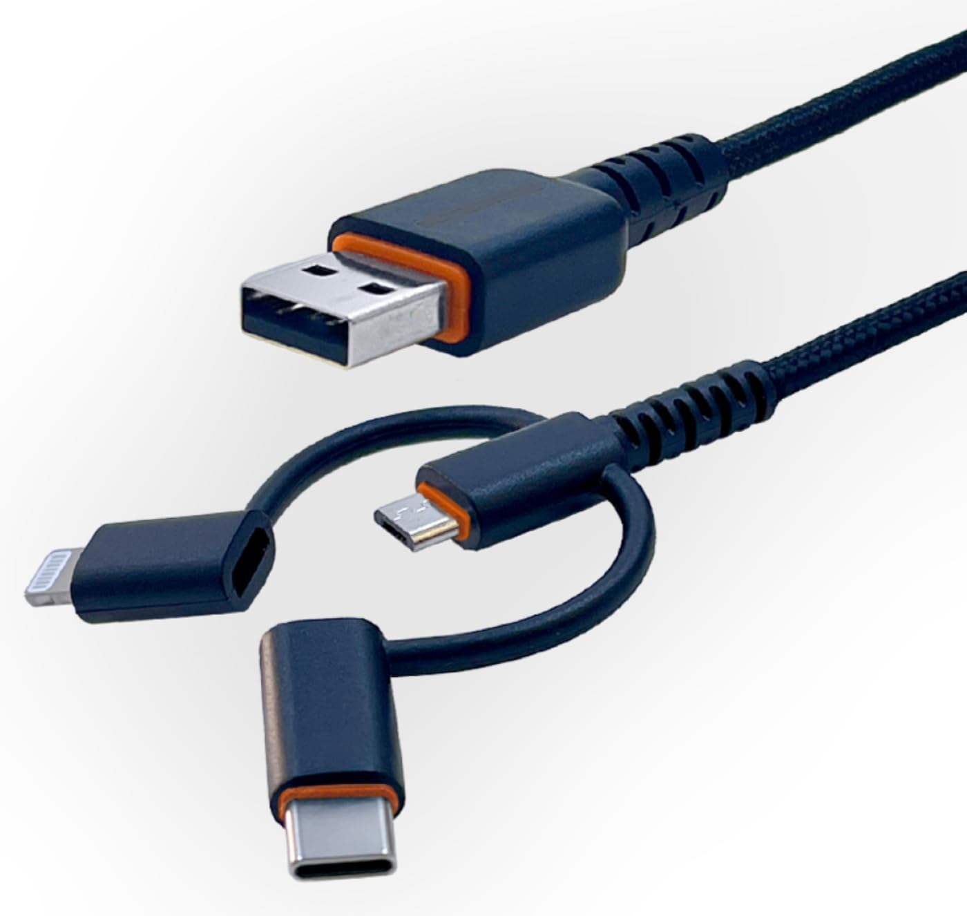 Cavo da USB-A a 3 in 1 (microUSB, USB-C, certificato MFi), resistente rivestimento in nylon intrecciato, 2 m, nero