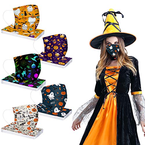Metoy9 50pcs,Adult Disposable_Face_Mask,Halloween Cute Printed Breathable Funny Face Bandanas With Adjustable Elastic Ear Loop,3 Ply Layers,Safety Covering For Dust Air Pollution Protection(A2)