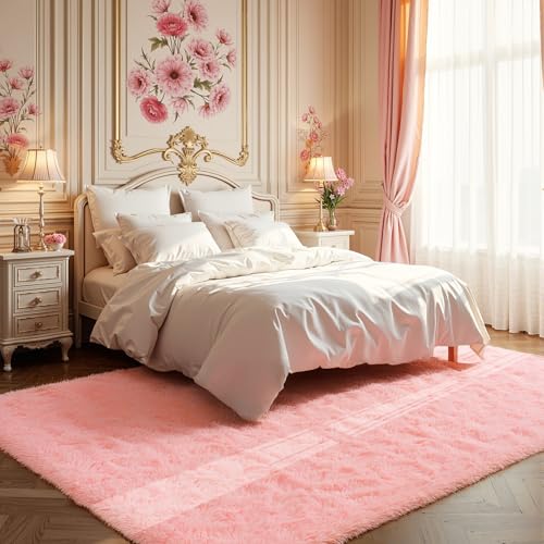 Zentavio Pink Rugs for Girls Room 5x8 Area Rugs for Living Room Cute Carpet for Bedroom Washable Soft Fluffy Shag Aesthetic Plush High Pile Throw Rug for Nursery Kids Room Dorm Room