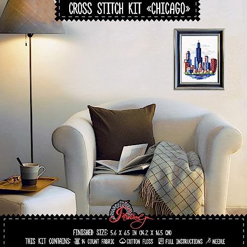 Image of Povitrulya Counted Cross Stitch Kit for Adults inchChicago inch - Chi-Town Cityscape Hand Embroidery Set with Pattern, 14-Count Aida Cloth and Pre-Sorted Cotton Threads