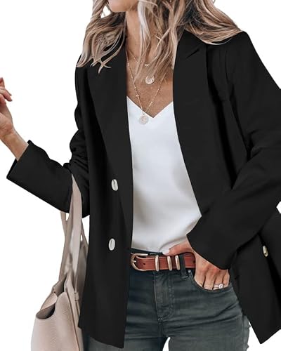 Koinshha Womens Long Sleeve Lapel Blazers Casual Solid Color Button Up Jacket Open Front Work Office Blazer Black #TOP1