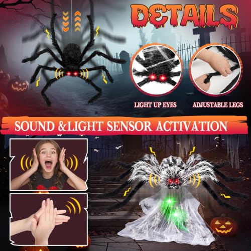Image of Halloween Decorations Animatronics Jumping Spider Lights Web, Gray-Black