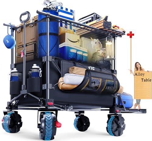 VIC 680lbs Super Cart & Table 1=5 Set, 480L Mega Capacity 54' Extra Long Extra high Folding Wagon, Heavy Duty Collapsible Carts with Brakes, All-Terrain Big Wheels for Camping, Store, Shopping