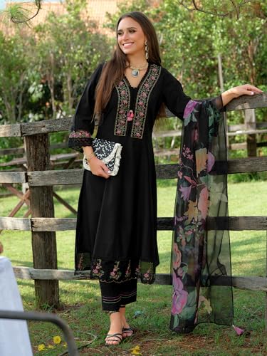 Image of INDO ERA Women's A-Line Silk Blend Floral Embroidered Kurta & Pant with Dupatta Set (IEOUT10970)