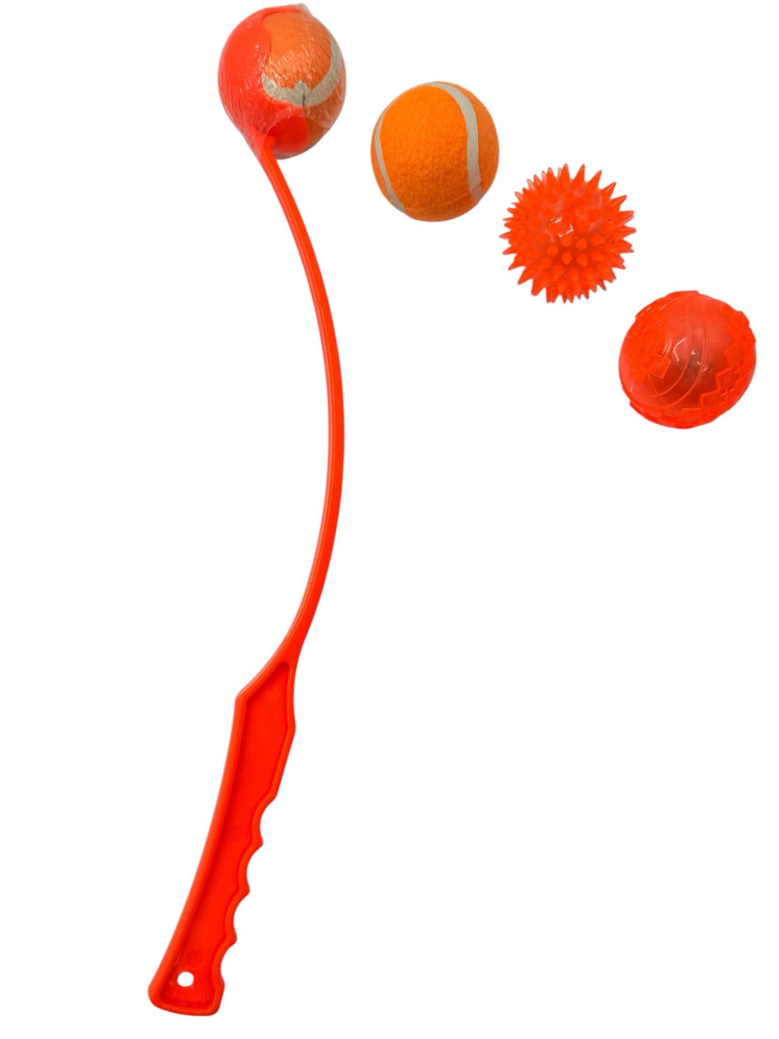 Pet Dog Outdoor Ball Launcher Play Set including 2 Tennis Balls and 1 Spike &1 Flashing Ball for Puppies Play Time (Neon Orange - Image 2