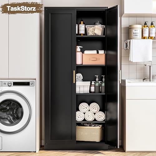 Image of 71 inch Tall Kitchen Pantry Cabinet, Metal Kitchen Pantry Storage Cabinet with Doors and 4 Adjustable Shelves, Black Pantry Cabinet for Living, Dining Room, Bathroom