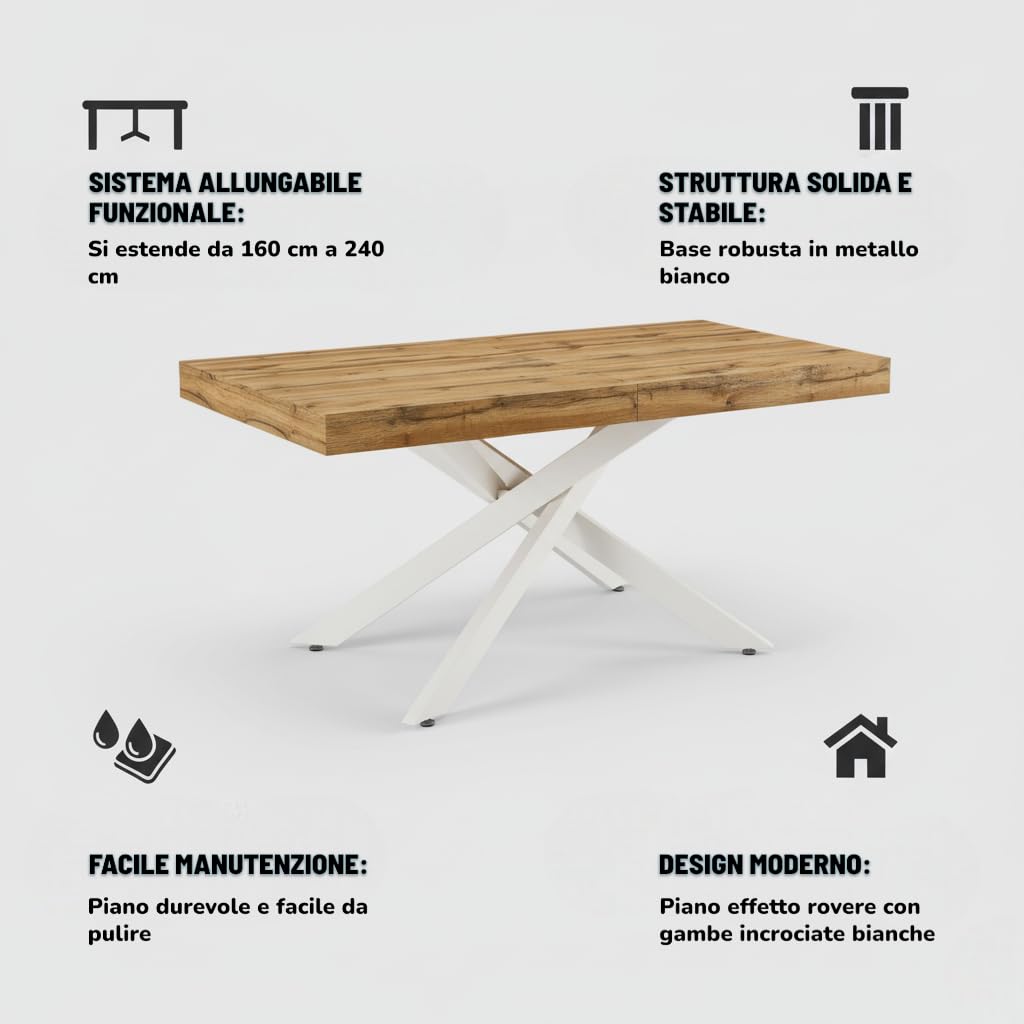 Cribel Tavolo Anson Allungabile Legno con Gambe Bianche a Croce | Tavolo Rettangolare 160/240x90x75 cm Design Moderno per Sala da Pranzo