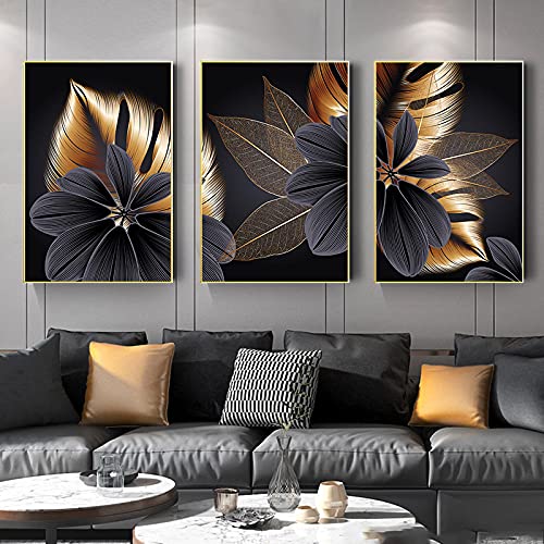 Toile canvas abstraite noire et dorée décoration murale premium triptyque nordique
