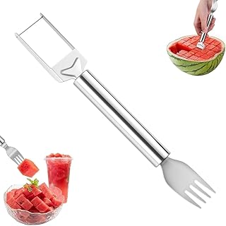 2-in-1 Stainless Steel Fruit Cutter & Fork | Multifunctional Watermelon Slicer Tool | Dual-Head Knife for Easy Fruit Cubes (Watermelon, Melon, Pineapple) | Round Anti-Slip Handle | 1 Piece