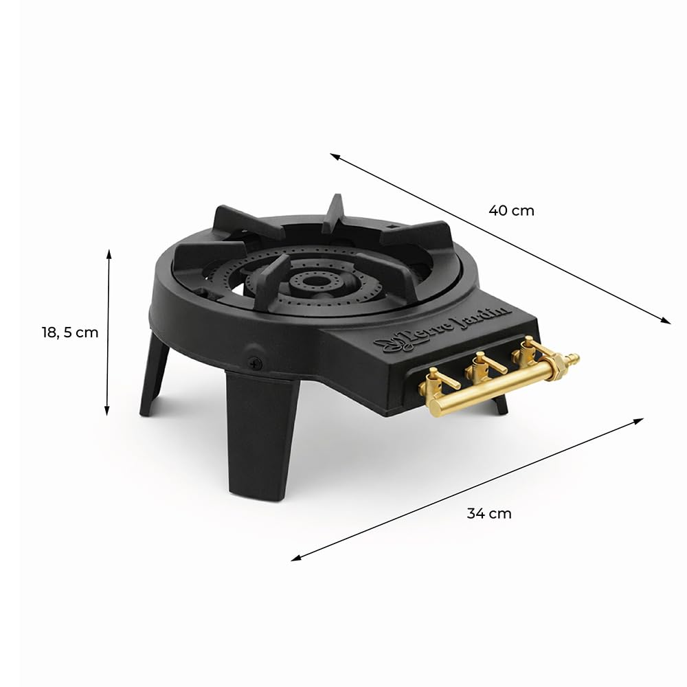 TERRE JARDIN Réchaud à Gaz 3 Feux Puissant en Fonte - Réchaud Camping Professionnel Triple Brûleur - Gazinière Extérieure pour Paëlla, Wok et Cuisine Outdoor