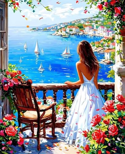 数字油絵 海 数字キットによる絵画 バルコニー Paint by Numbers DIYペイント 大人の 初心者 子供用 簡単に塗れる アクリル水彩絵の具 手芸 画材 手工芸 キット 3つのペイントブラシと1つのセットのアクリル顔料を使用 ホーム オフィス