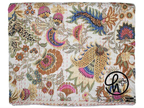 Handicrafts Plus 100% Cotton Kantha Quilt Indian Handmade Sewing Bedding Blanket Mukut Design White Color King/Queen, Single/Twin Size Bedspread Gudari (Single/Twin (60 X 90))