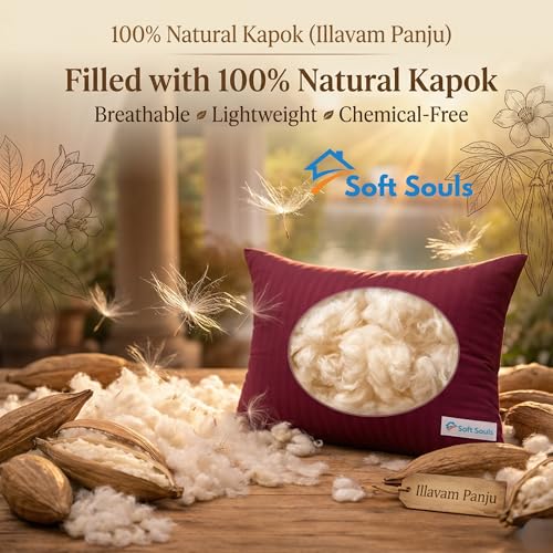 Image of SOFT SOULS 100% Cotton Pillow for Sleeping, Pure Kapok /Ilvam Panju Pillow, Premium Organic Silk Kapok Filling Pillow for Hair & Neck Pain Relief, Semal Cotton for Back Pain (Single)