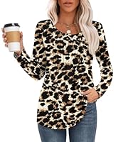 MOLERANI T Shirts for Women UK Round Neck Loose Casual Ladies Long Sleeve Tops Front Pleated T Shirt Brown Black Leopard S