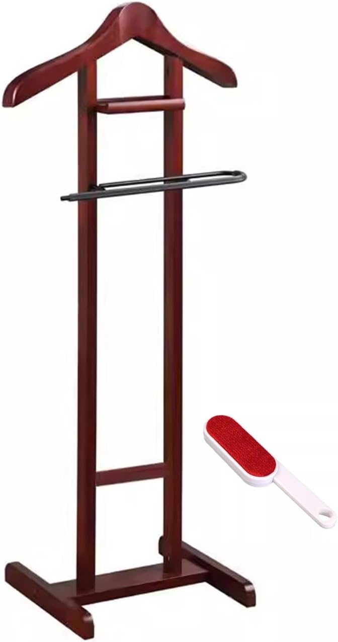 Wooden Suit Valet Stand with Dusting Brush Large Freestanding Clothes Rack for Bedroom Entryway Living Room