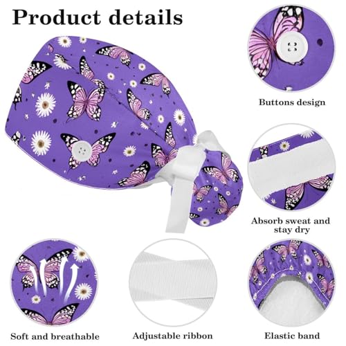 Image of Colored Butterflies Scrub Caps Women Ponytail, Adjustable Bouffant Surgical Caps with Button, Nurse Hats Long Hair
