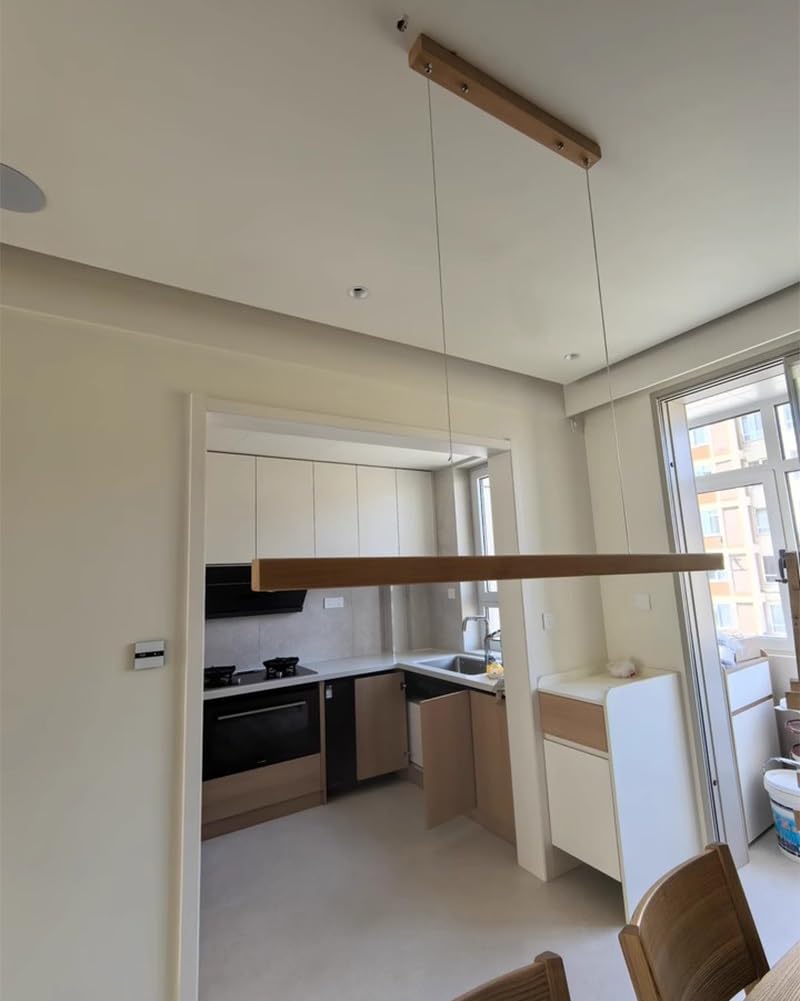 Lámpara Colgante LED de Madera, Lámpara de Techo Lineal Moderna Regulable Iluminación colgante con Control Remoto, Luz Ajustable 3000K-6000K, Altura Regulable, para Comedor, Cocina(Holz,150cm)