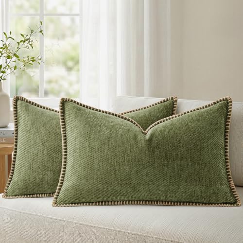 Image of a moment Pack of 2 Decorative Chenille Throw Pillow Covers with Twill Cushion Covers for Sofa Living Room Couch Bed 20x12 Inch,Crafted Border Moss Green
