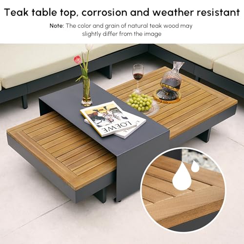 homary 6 Piece Aluminum & Teak Outdoor Sofa Set, Patio Sofa Seat L-Shaped Outdoor Sectional Sofa Set with Adjustable Backrests, Waterproof, Fade Resistant Cushions Ideal for Patios & Balconies,Beige