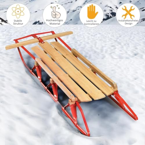 FANTASK 137 cm Schlitten Holzschlitten, 150 kg belastbarer Kinderschlitten Davoser Schlitten Holz & Metall, Kinderschlitten Schneeschlitten für Kinder und Erwachsene, Rot + Natur