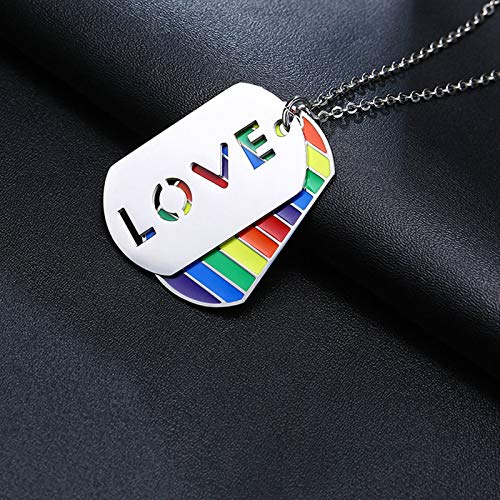 Gualiy Stainless Steel Rainbow Gay Pride LGBT Necklace, LGBT Pendant Dog Tag Rainbow Stripes Silver Pendant Necklace4