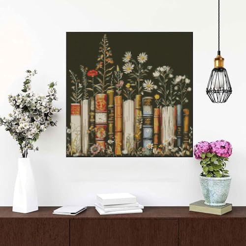 Image of MYBISYMQQ Books Stamped Cross Stitch Kits - Flower Embroidery Starter Kit for Adult Beginners, Cross Stitch Kits Embroidery Kit Arts and Crafts for Beginners 13.7x13.7 inch