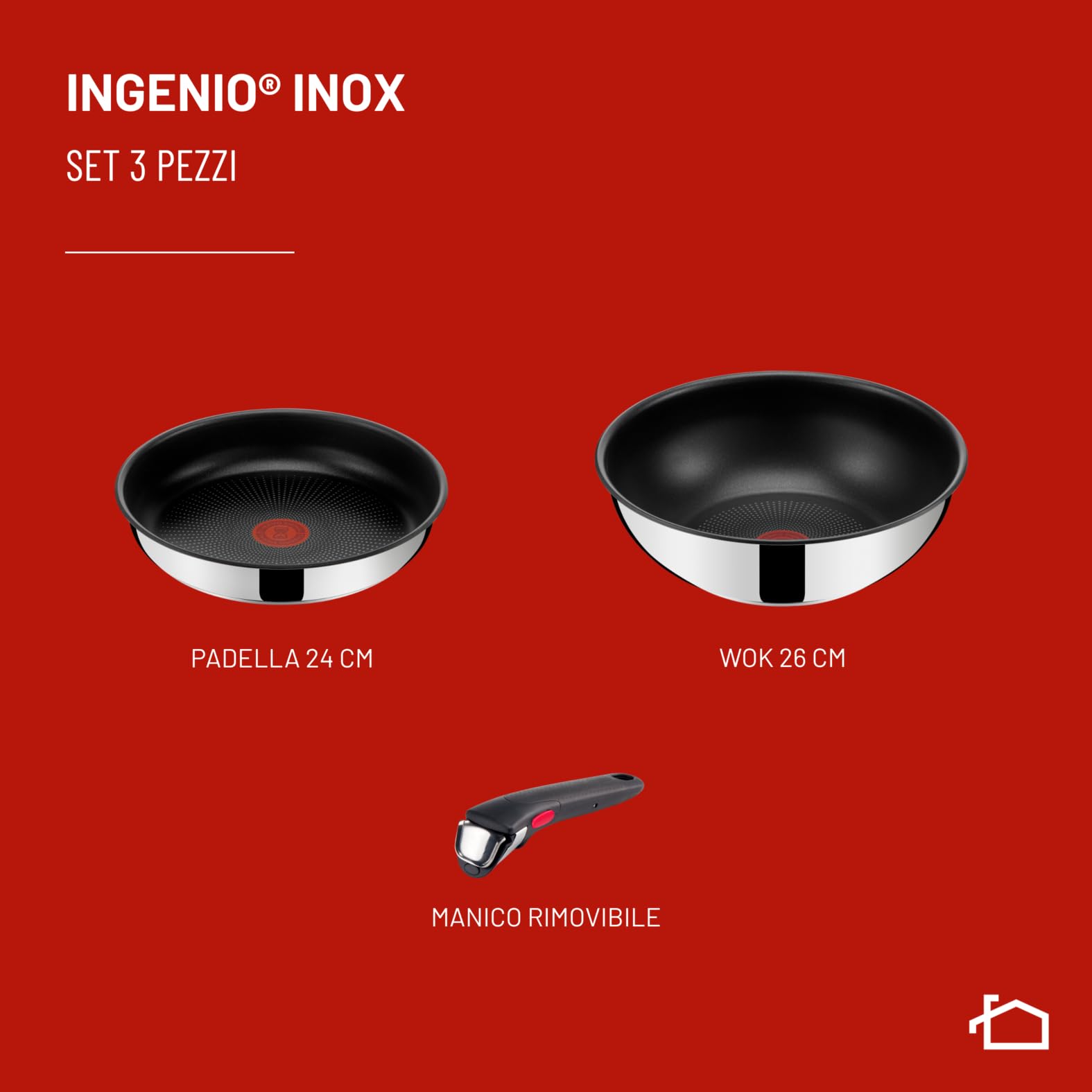 Lagostina Ingenio Inox, Set 3 Pezzi, Padella da 24 cm e Wok da 26 cm in Acciaio Inox, Rivestimento Antiaderente, Manico Rimovibile, Salvaspazio, Adatto a Tutte le Fonti di Calore, Inclusa Induzione