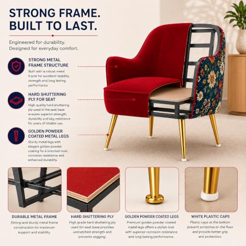 Image of Velvet Chair with Pillow for Home | Modern Accent Armchair in Soft Velvet Fabric with Golden Legs | Premium Accent Chair for Living Room Bedroom Restaurent | (Red, Big Zara)