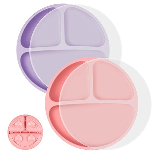Vicloon Platos para niños pequeños, 2 platos de silicona para bebés, placas de succión sin BPA con tapas para bebés y niños pequeños, función de