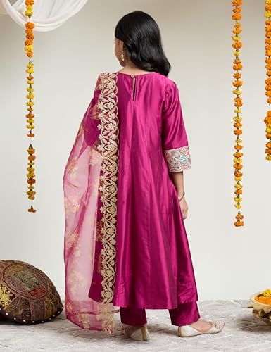 Image of Amazon Brand - Symbol Girl's Rayon Ethnic Wear Embroidered Kurta Set with Net Dupatta