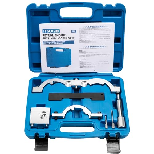Elenco degli attrezzi: Il kit include gli attrezzi per il posizionamento del sensore dell'albero a camme 1.0,1.2 e 1.4L, la piastra di bloccaggio dell'albero a camme, il perno di bloccaggio dell'albero motore, l'attrezzo per la regolazione dell'albero a camme di aspirazione e il perno di bloccaggio del tendicatena. Sostituisce perfettamente gli utensili conformi alle norme EN-49977-100, KM-953-A, KM-952, EN-499-78, EN-49977-200 e KM-955