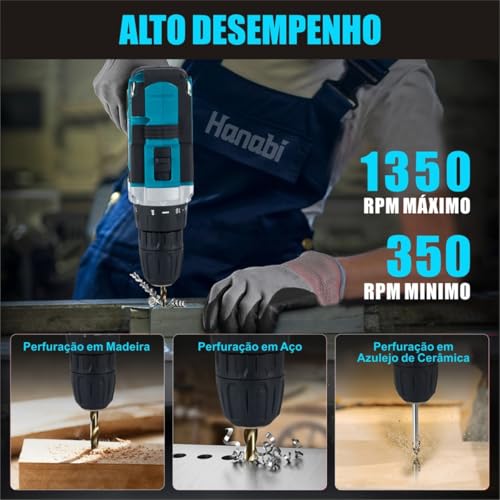 Parafusadeira Furadeira de Impacto Sem Fio Hanabi, 10 mm 1350 RPM Bateria Carregador Maleta Hanabi