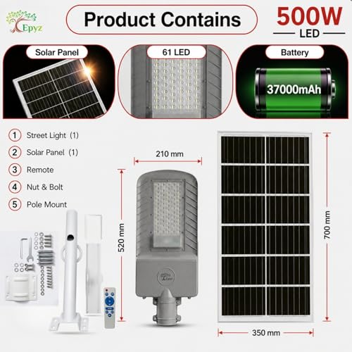 Image of Epyz 500 Watt Semi-Integrated Solar Street Light, Cold White Light | Aluminium Body, Outdoor with Remote and Dusk to Dawn, For Garden, Street, Lawn, 61LED, 37000mAh, Pack of 1