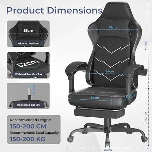 TRIUMPHKEY Gaming Chair, Ergonomic Office Chair with Footrest Headrest, Adjustable Computer Chair, Lumbar Support, Spring Cushion, Synchronized Armrests, Max 200KG, Obsidian Black - Image 3