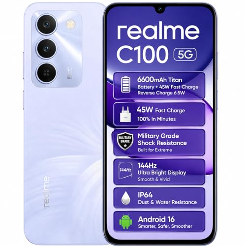 realme C100 Smartphone 5G Móviles 4+128GB, Titan Batería 6600mAh y Carga Rápida 45W, Pantalla 6,8 Pulgadas de 144Hz, Resistencia Militar, Cámara AI 50MP, Dual SIM, Android 16, Diseño Blooming, Morado