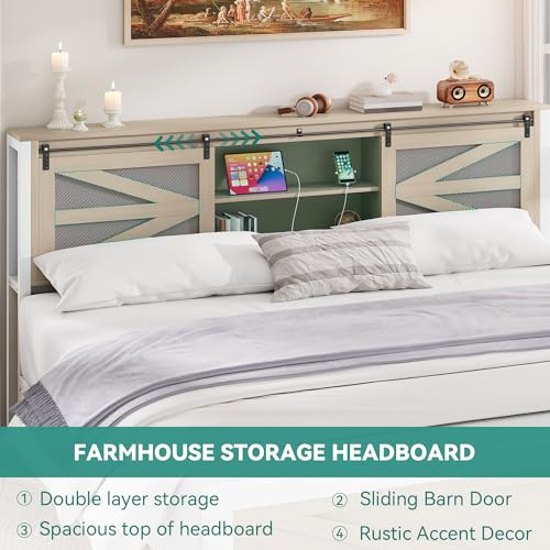 YITAHOME Farmhouse King Size Bed Frame with Headboard, Bookcase Storage Shelves, Sliding Grid Barn Door, Charging Station, Rustic Wood Platform Bed, No Box Spring Needed, Oak
