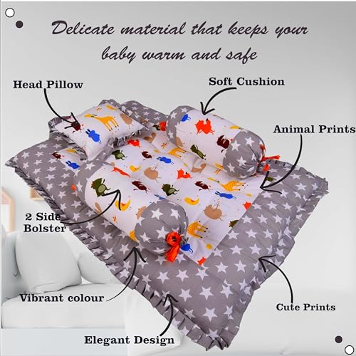 Image of Kwitchy Baby Bedding Set New Born Baby Bed | Mattress | Mosquito Net | Gadda Set | Bed | Cotton | Essential Combos | Gift Pack | Boys & Girls (0-6 Months, Grey) (4PCS Set)