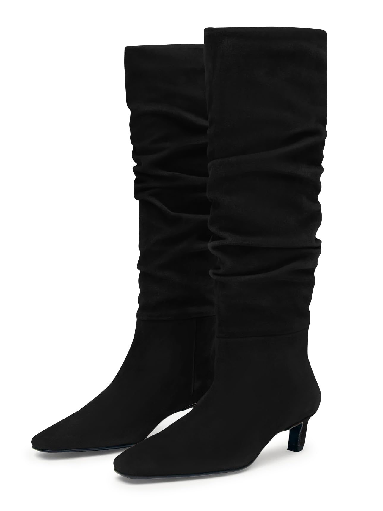 Coutgo Womens Slouchy Knee High Boots Low Kitten Heel Square Toe Tall Boots Fall Winter Shoes