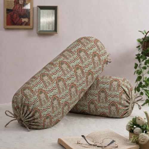 Image of Trance Home Linen Premium 16x32 Inches 100% Cotton Bolster Covers with Tie Knot | Anti-Pill 200 Tc Thread Count | Dewan Bed Round Pillow Cover (Mihrab Green - Pack of 2)