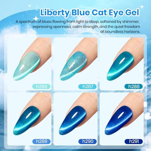 Image of Beetles Liberty Blue Cat Eye Gel Nail Polish Set - 6 Colors Summer Glitter Gel Polish Kit Mint Green, Icy Blue, Teal, Sapphire and Navy Shades, 3D Shimmer Effect DIY Salon Nail Art Gift for Women