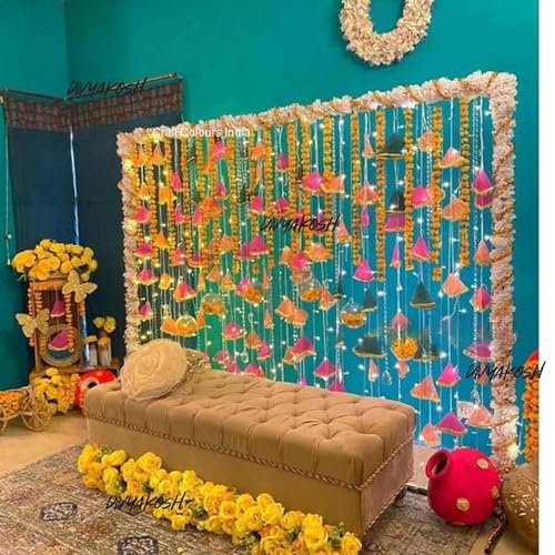 Image of Divyakosh Latkan for Home Decoration, Gota Net Hangings for Decorative, Pack of 10 Garlands for Wedding, Haldi, Event, Decor Backdrop, Multi Color Hangings 4 Ft Each