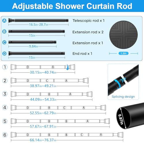 Image of MEXAU 1Pack Spring Tension Curtain Rods 31-76 Inch Black Shower Curtain Rod | Adjustable Spring Loaded Curtain Rods No Drilling 7 /8 inch Diameter Shower Rods for Window Bathroom Closet Doorway Door