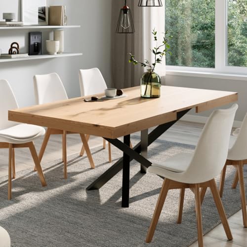 Esstisch ausziehbar | Verlängerbar von 140 cm auf 170 cm | Moderner Esszimmertisch mit gekreuzten Metallbeinen für 6 bis 8 Personen | Robuste Tischplatte | 140-170x90 cm (LxB) | Holzoptik