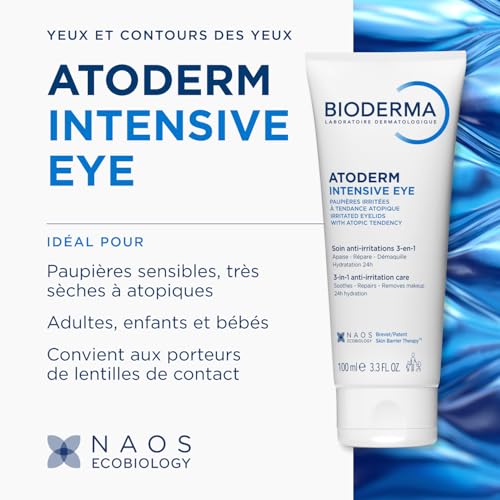 BIODERMA Atoderm Intensive Eye - Soin 3-en-1 démaquillant, apaisant et réparateur des paupières - Bonne base de maquillage - Peaux très sèches, irritées à tendance atopique - Tube 100 ml