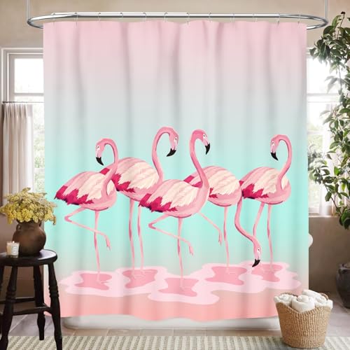 SHADIORA Flamingo Shower Curtain Tropical Teal Pink Flamingo Birds Floral Spring Summer Hawaiian Waterproof Fabric Bathroom Shower Curtain Set with Hooks 72x72