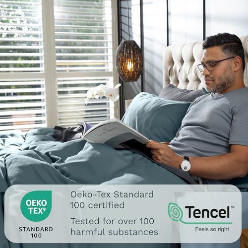Image of Olive + Crate Tencel Lyocell Eucalyptus Full Sheet Set - Cooling Tencel Sheets for Hot Sleepers with 16 Inch Deep Pocket Fit - Double Bed Sheets - Basalt Blue 4-Piece Set