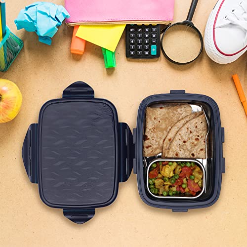 Image of JAYPEE Inner Stainless Steel Insulated Lunch Box Wavesteel Jr. Dark Blue, 500 ml, Airtight Tiffin Box for School Kids |Spillproof with Silicon Seal |Food Grade | BPA Free