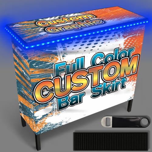 Image of PartyLife NEW & Improved Portable Bar Table w /LED Lights, Folding Steel Legs, 2 Bar Skirts, Supportive Storage Shelf & Carrying Case - Custom